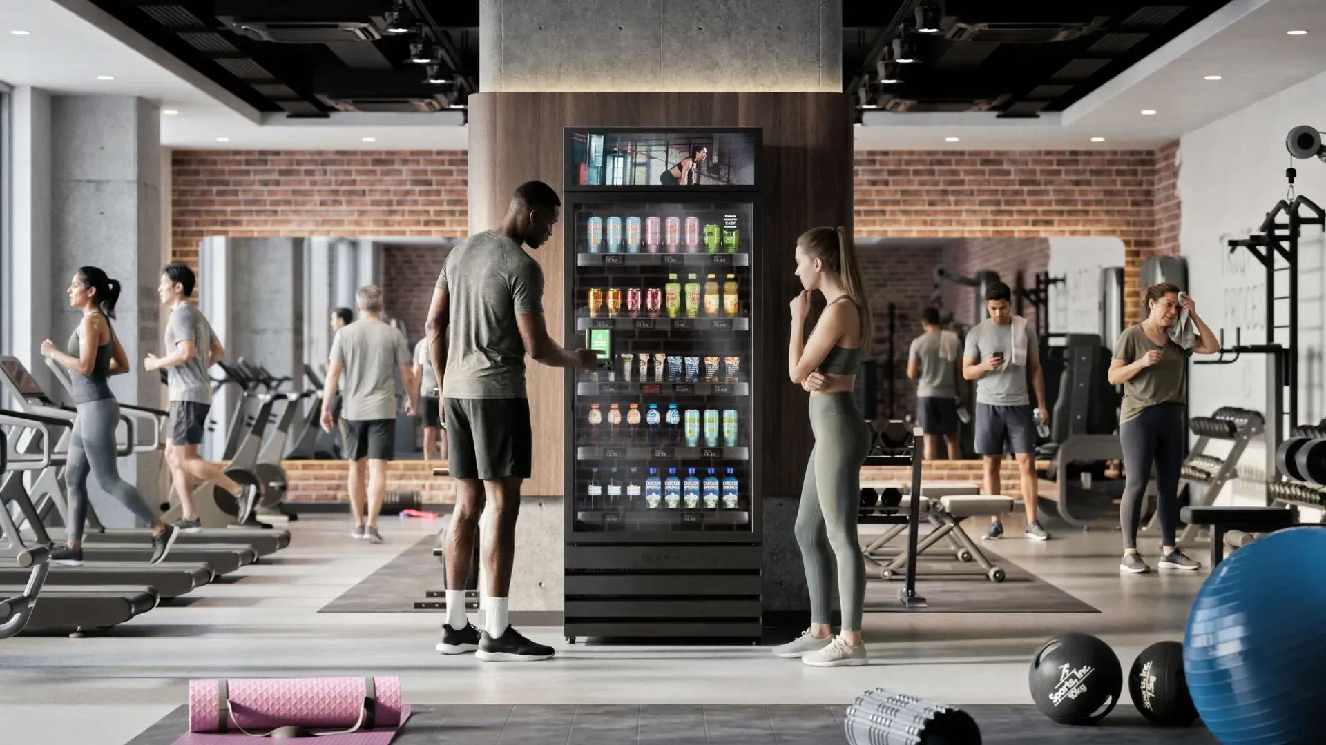 Gym members at a single-unit smart store stocked with drinks