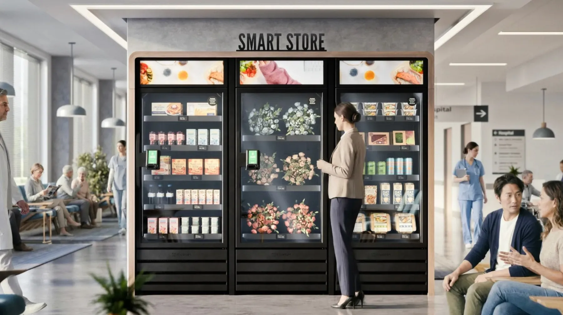A visitor shopping at a three-unit smart store in a hospital atrium
