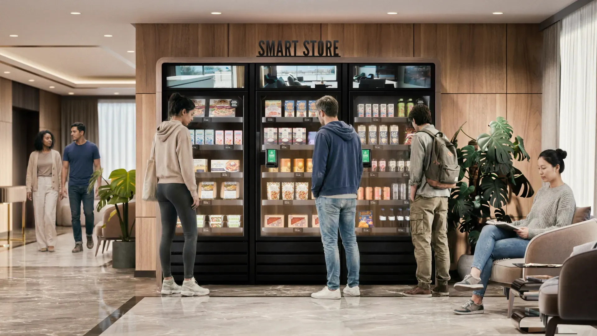 Residents shopping at a three-unit smart store in an apartment lobby